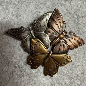 Vintage K&T Butterfly Trio Brooch Bronze/Gold/Silver Finish Metal Accent Pin